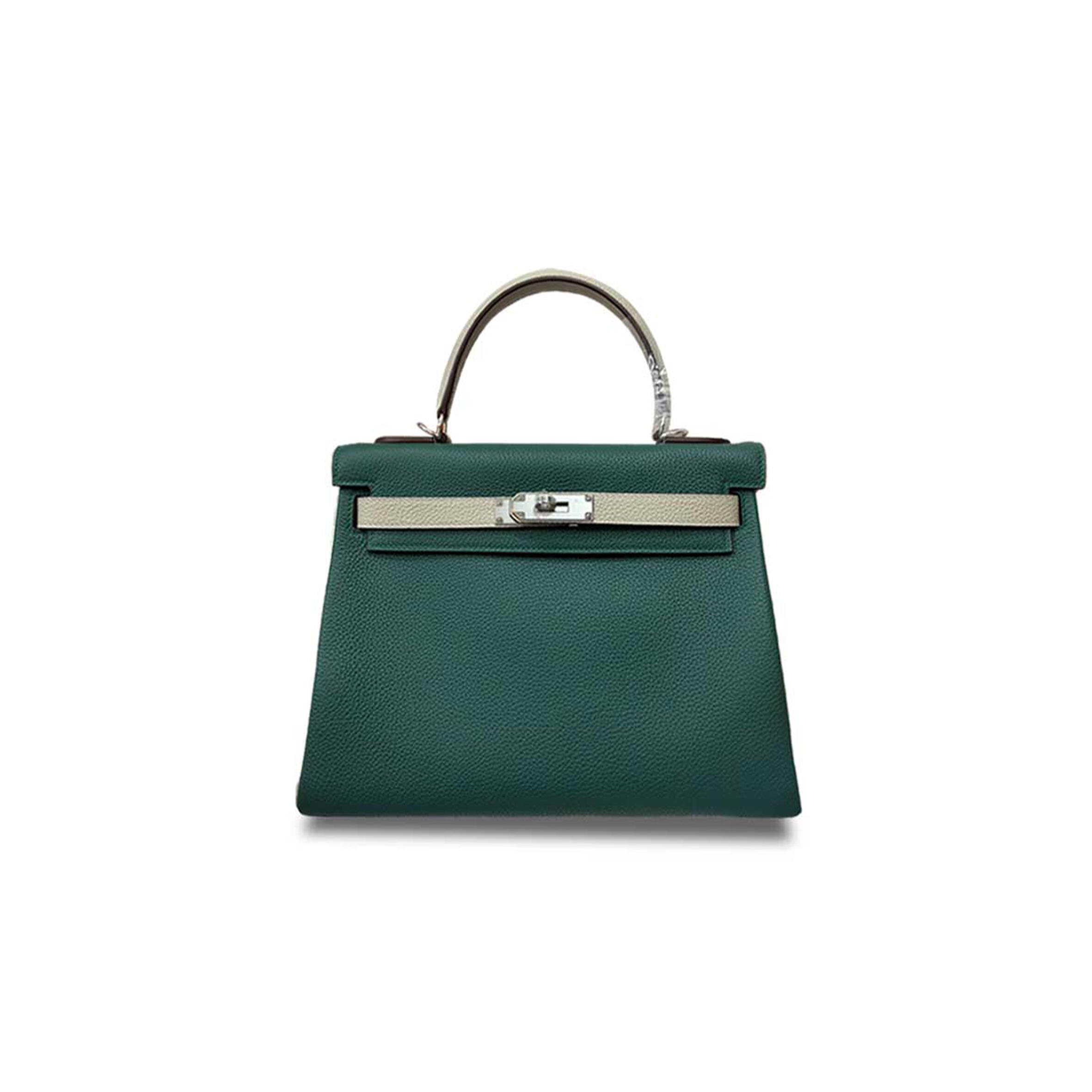 H**me5 KELLY 25 TOGO COLOR MATCHING MALACHITE GREEN MILKSHAKE WHITE SILVER BUCKLE (25*17*7cm) Master Quality